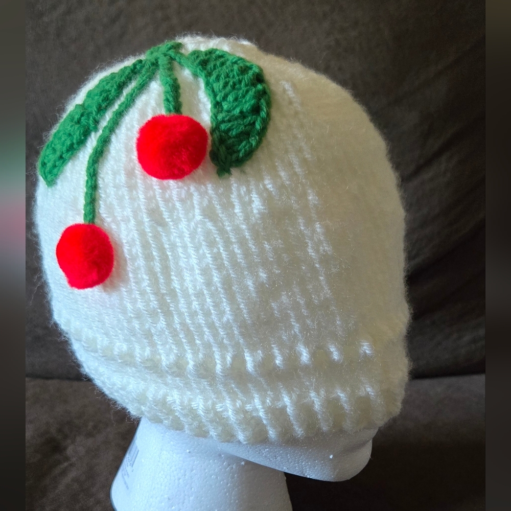 Handmade White Ponytail Knit Cherry Beanie for Adults